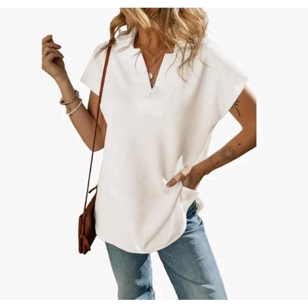 SHEWIN Women's M Polo Shirt Casual Collared V Neck Short Sleeve T Shirt Tunic